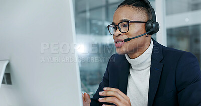 Buy stock photo Talking, computer and man with headset for call center, online consulting and financial advice. Corporate, office and black person with tech for help, loan support and contact us for customer service