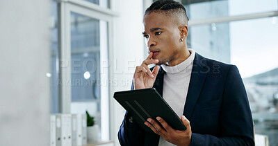 Buy stock photo Businessman, thinking and online in office with tablet, research and planning for revenue increase. African person, problem solving and internet in workplace with tech, vision and decision for sales.