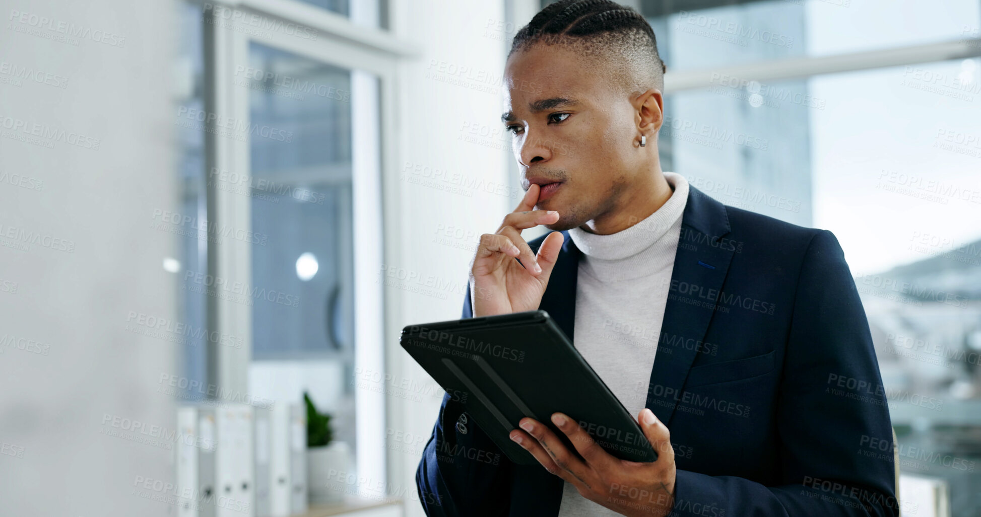 Buy stock photo Businessman, thinking and online in office with tablet, research and planning for revenue increase. African person, problem solving and internet in workplace with tech, vision and decision for sales.