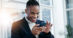 Businessman, scroll and laughing with phone in office, accountant and reading good news on website. Message, flare and black person with mobile, happiness and bookkeeping for business growth on app