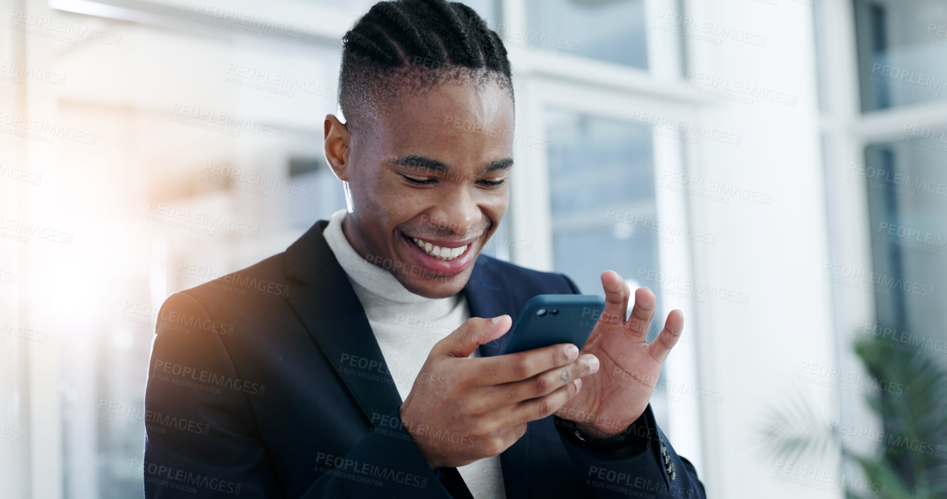 Buy stock photo Businessman, scroll and laughing with phone in office, accountant and reading good news on website. Message, flare and black person with mobile, happiness and bookkeeping for business growth on app