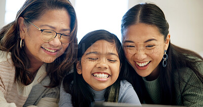 Buy stock photo Family, grandma and child with tablet in home, laugh and watching comedy on social media in lounge. Mom, generations and Asian people with girl, happiness and streaming funny movie with tech in house