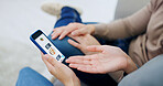 Couple, hands and food menu with phone screen in home for online takeout, ecommerce or shopping. Man, woman or virtual restaurant with technology display for cuisine, takeaway app or meal delivery