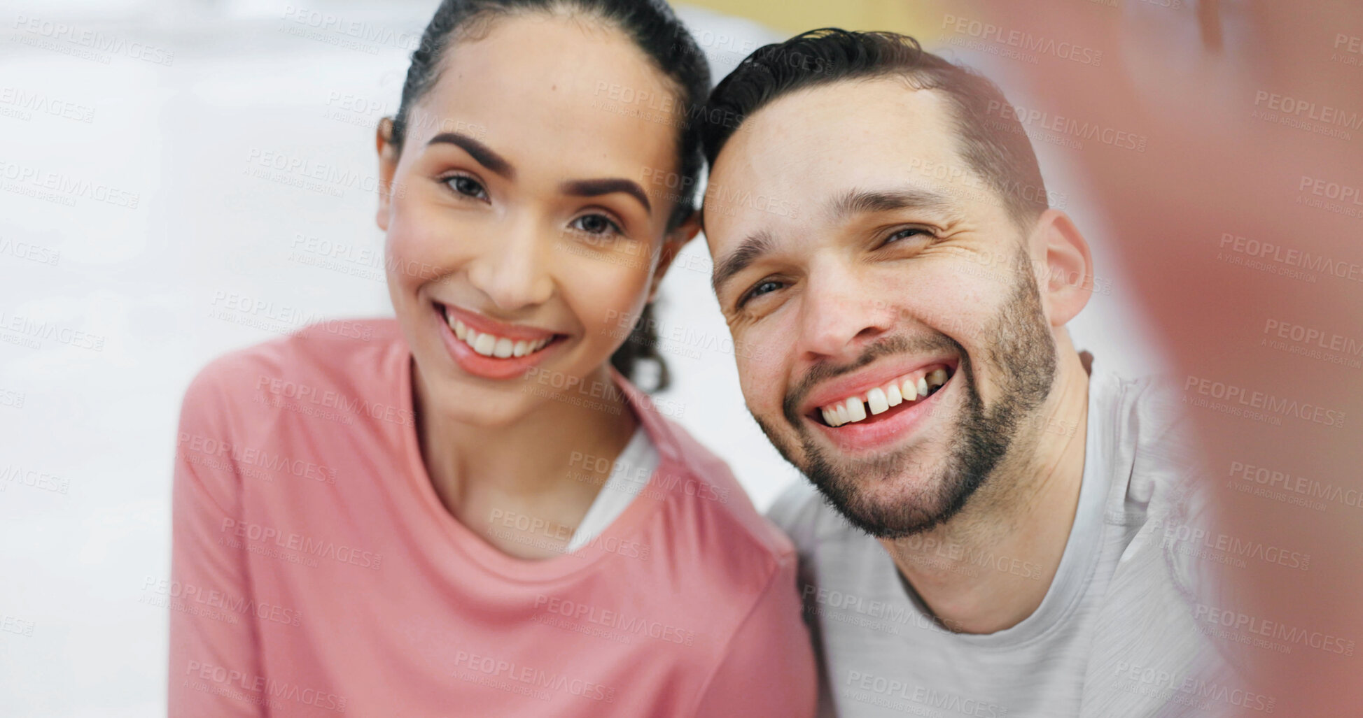 Buy stock photo Happy, couple and selfie in home for yoga, photography and social media post for fitness vlog. Portrait, people and capture memory in lounge with pov, profile picture update and exercise for bonding