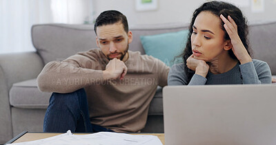 Buy stock photo Bills, woman or couple in home with document, financial inflation or think of cost of living crisis. Laptop, man or partner in house with debt problem, reading paper or stress for credit score damage