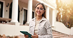 Portrait, woman and student at campus with tablet, test results and acceptance for new semester. Smile, female person and digital at university for enrollment, scholarship update and exchange program