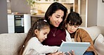 Mother, children and play in living room with tablet, bonding together and video game for knowledge. Happy, woman and kids in family home with tech, entertainment and online gaming for education.