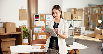 Buy stock photo Small business, search and woman in office with tablet for erp technology at ecommerce startup. Dropshipping, web or entrepreneur on digital app in online sales, data analysis or inventory management