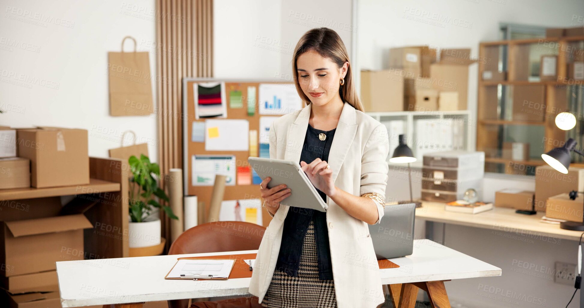 Buy stock photo Small business, search and woman in office with tablet for erp technology at ecommerce startup. Dropshipping, web or entrepreneur on digital app in online sales, data analysis or inventory management