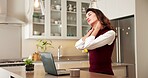 Woman, laptop and remote work in house with neck pain, fatigue and risk management for insurance job. Exhausted, mature person and freelancer with computer, muscle tension and tired of policy claims.