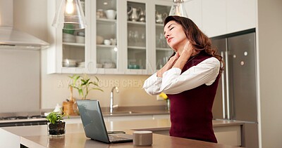 Buy stock photo Woman, laptop and remote work in house with neck pain, fatigue and risk management for insurance job. Exhausted, mature person and freelancer with computer, muscle tension and tired of policy claims.