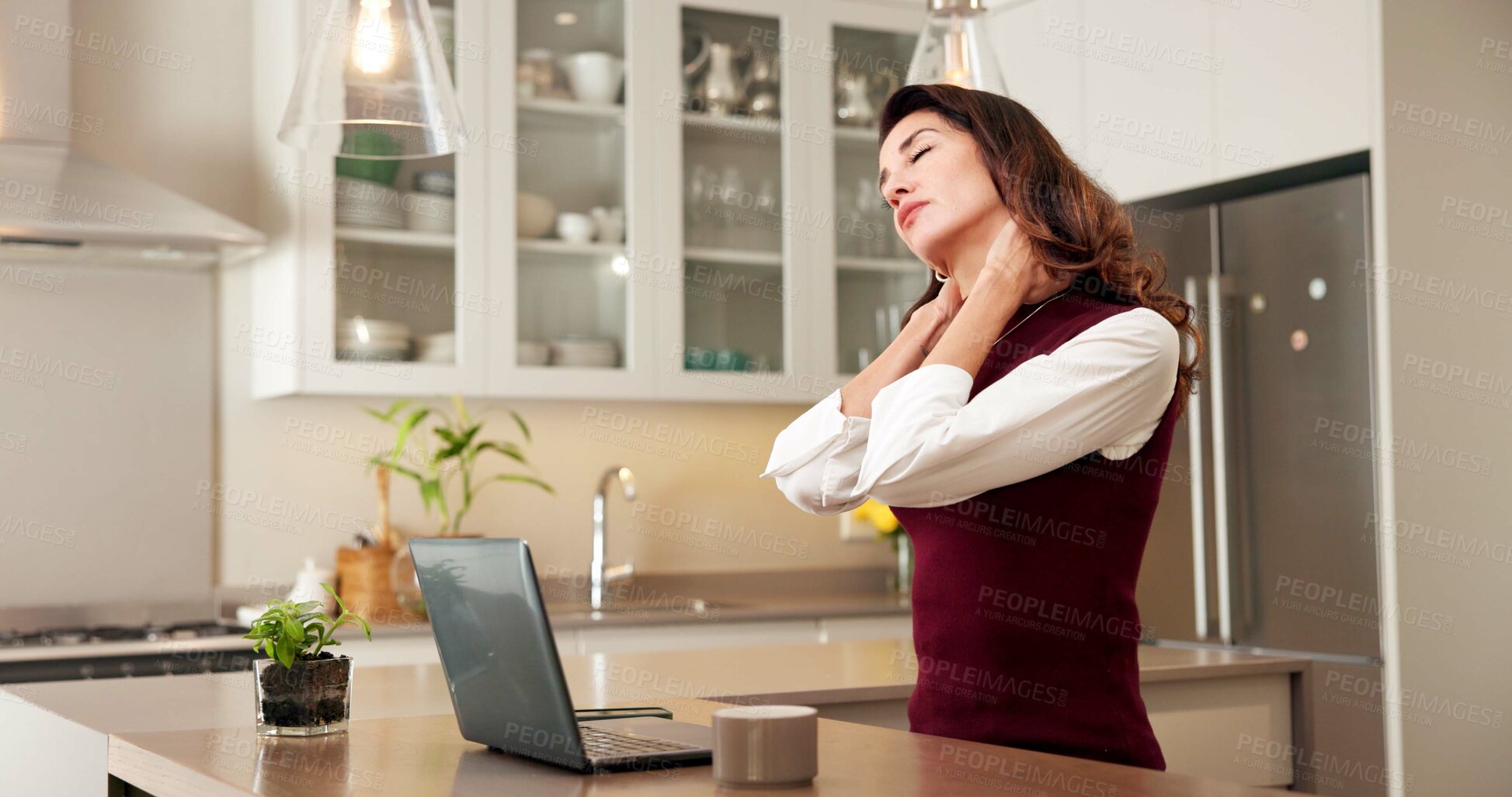 Buy stock photo Woman, laptop and remote work in house with neck pain, fatigue and risk management for insurance job. Exhausted, mature person and freelancer with computer, muscle tension and tired of policy claims.