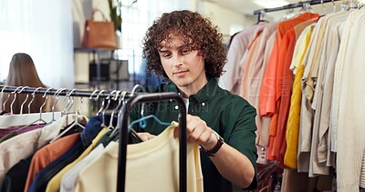 Buy stock photo Shopping, option or man in store with clothing, outfit planning or decision in trendy style. Retail, search or customer in boutique with apparel rack, garment choice or selection for fashion purchase