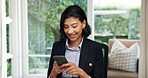 Home office, remote work and happy woman with phone, message and lawyer with case update on website. Freelance, attorney and person with mobile, internet search or communication with contact in house