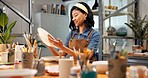 Pottery, design or woman in workshop with review, color process or bowl inspection in art hobby. Checking, clay or person with decoration, ceramic craft or creative project in handcraft activity.
