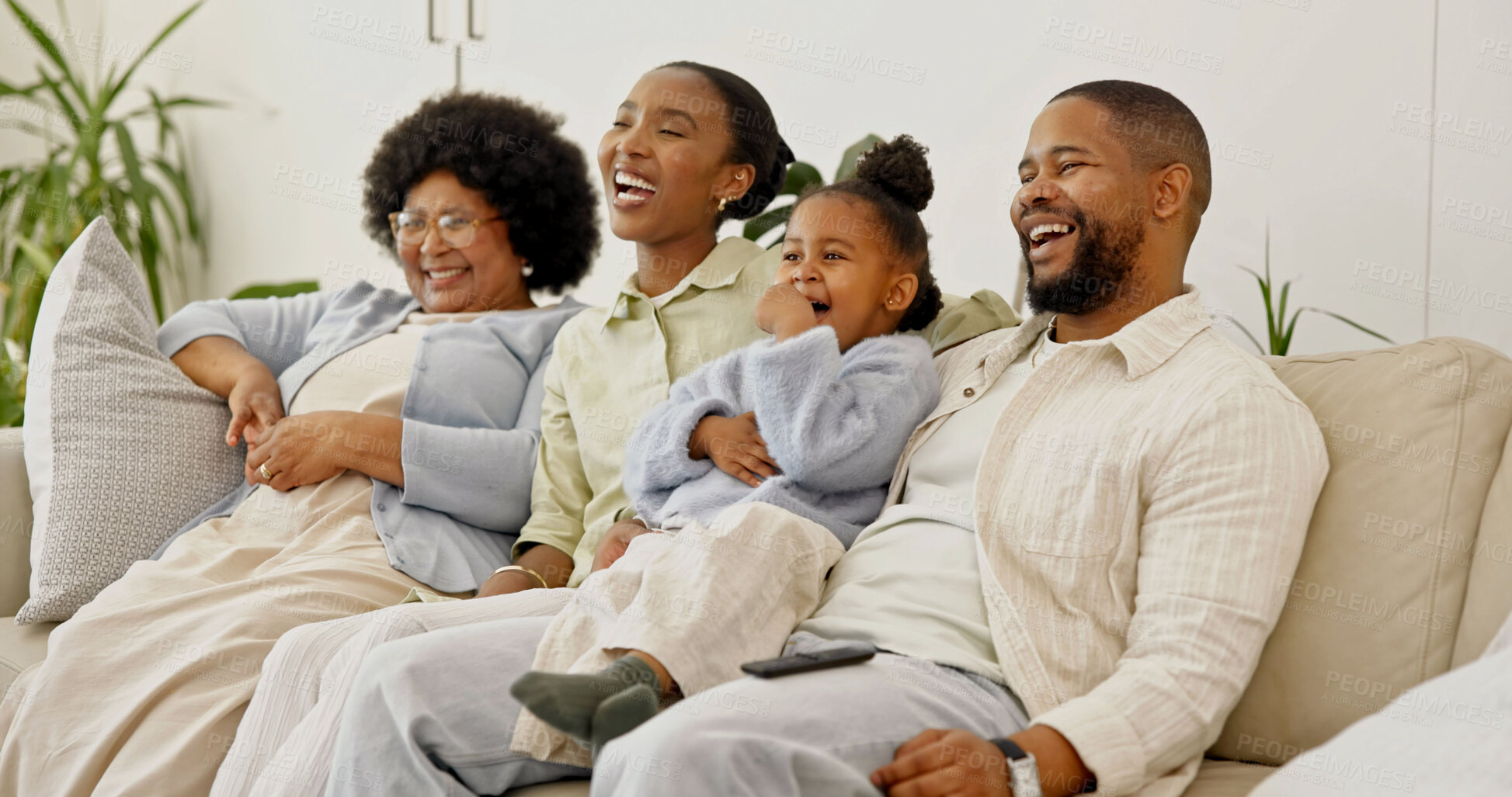 Buy stock photo Relax, family and laugh in home for watching tv, comedy movie or weekend entertainment for bonding. Black people, parents or grandma with kid for streaming show, funny film or unwind for quality time