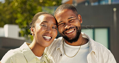 Buy stock photo New home, couple and happy in front yard for property purchase, mortgage success and support. Portrait, black people and smile outdoor for dream house, relocation and long term investment in marriage