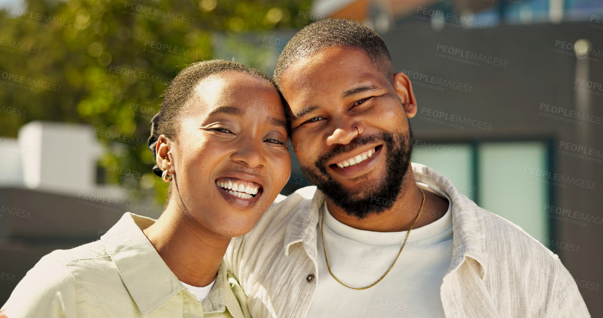Buy stock photo New home, couple and happy in front yard for property purchase, mortgage success and support. Portrait, black people and smile outdoor for dream house, relocation and long term investment in marriage