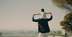 Shoulder, support and father with son in nature for bonding, family connection and airplane game. Commitment, love and weekend break with man and child outdoor for freedom, growth and space together