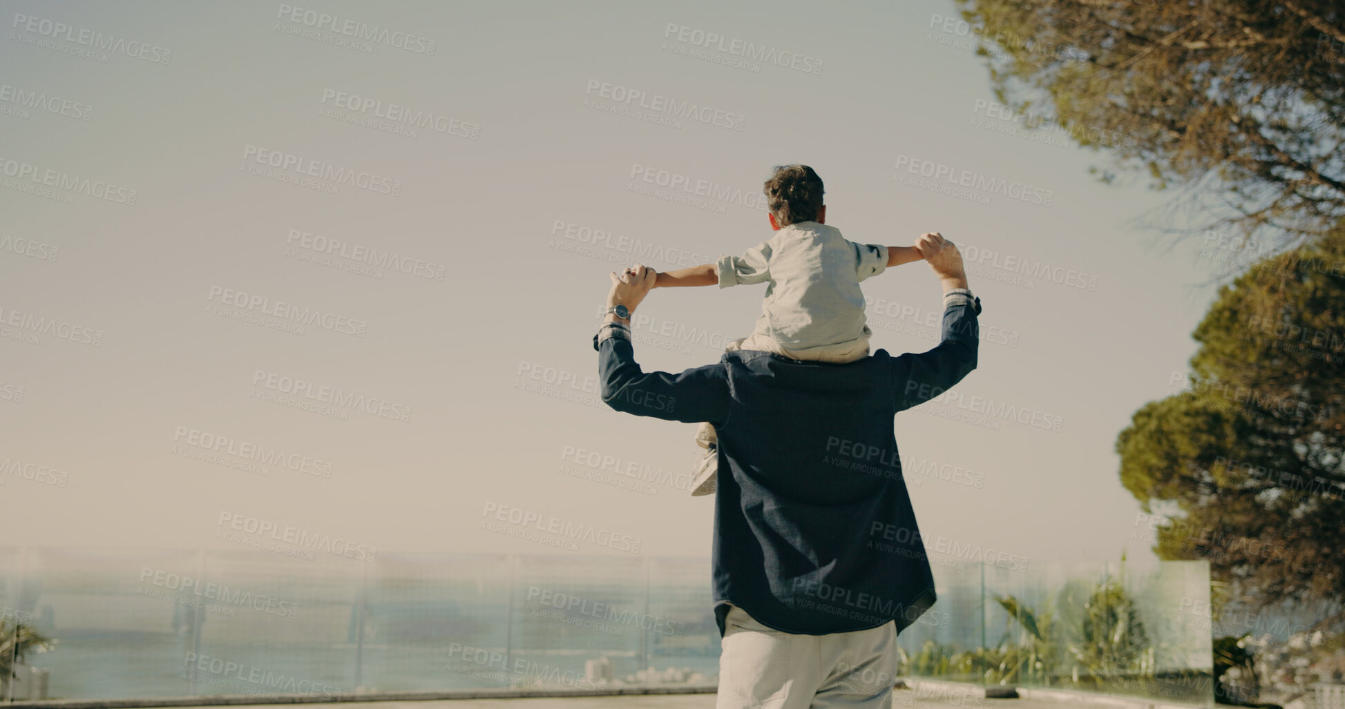 Buy stock photo Shoulder, support and father with son in nature for bonding, family connection and airplane game. Commitment, love and weekend break with man and child outdoor for freedom, growth and space together