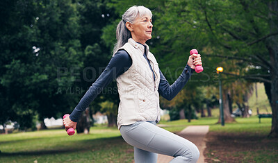 Buy stock photo Outdoor, fitness and senior woman with dumbbells, endurance or workout routine for health in nature. Park, wellness and retired person with equipment for exercise, training and physical activity