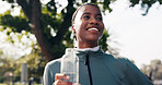 Fitness, woman and thinking with water at park for wellness, health or workout pause for recovery. Runner, happy black person and break with hydration bottle outdoor, electrolytes or reflection
