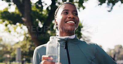 Buy stock photo Fitness, woman and thinking with water at park for wellness, health or workout pause for recovery. Runner, happy black person and break with hydration bottle outdoor, electrolytes or reflection
