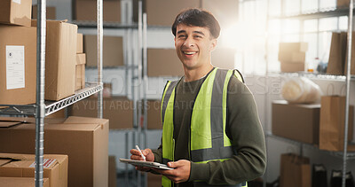 Buy stock photo Inspection, man and tablet in portrait for logistics cycle count, inventory audit or about us pride. Startup, happy receiving clerk or WMS app for inbound shipment, order picking or export confidence