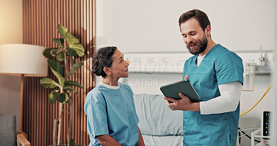 Buy stock photo Nurse, tablet and woman in hospital with consultation, discussion and medical research for disease. Healthcare worker, mature person and happy in clinic with tech, recovery and treatment results.