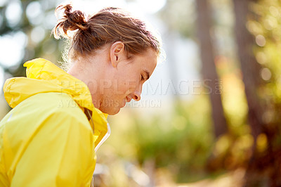 Buy stock photo Break, runner and man with smile, outdoor and training in morning for wellness, thinking and woods. Fitness, athlete and person with sportswear on jog, resting and contemplating in nature or forest
