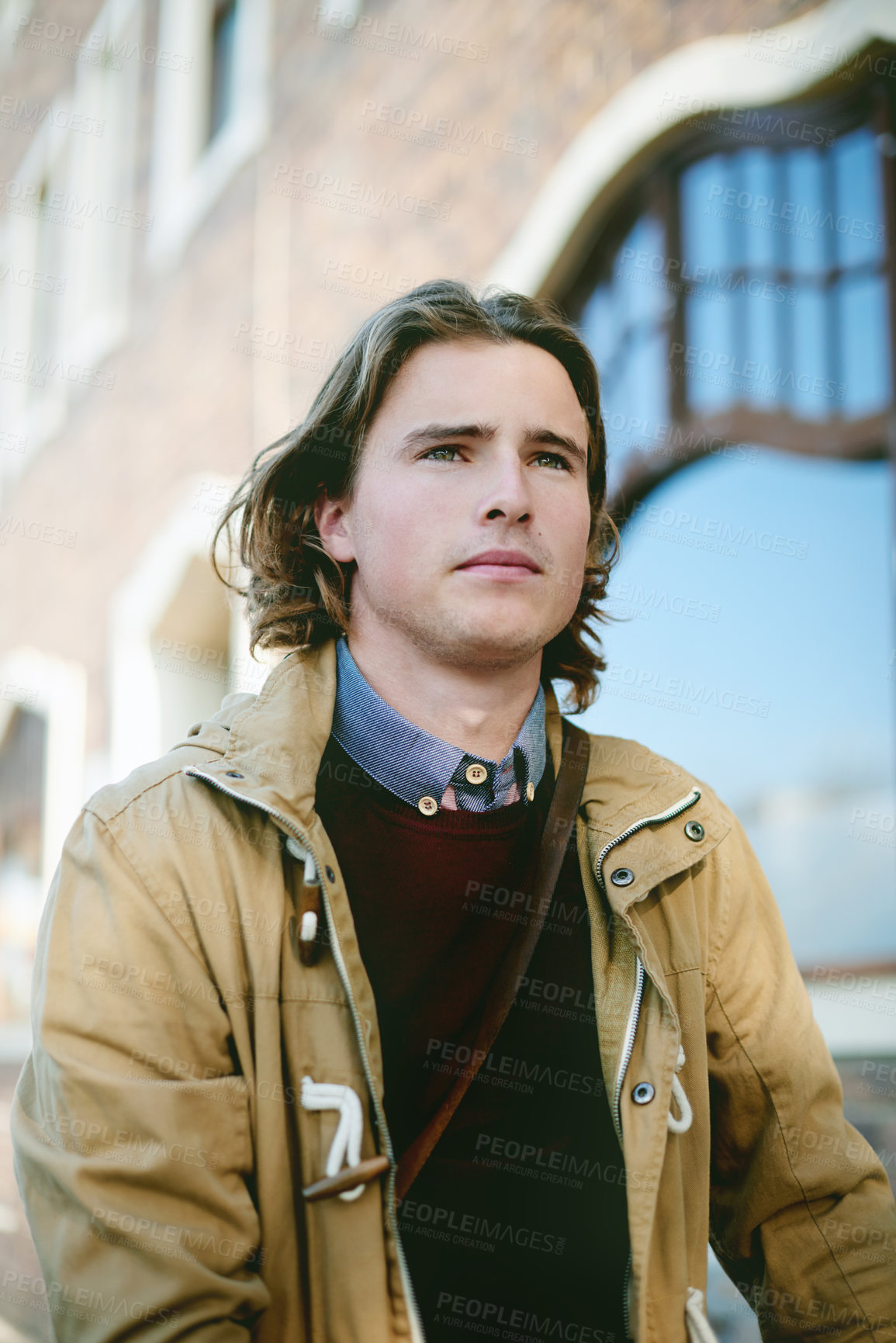 Buy stock photo Thinking, travel and business man in city for reflection, confidence and news journalist. Professional, story perspective and article vision with male person outdoor for commute, idea and writer