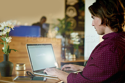 Buy stock photo Laptop screen, typing and man in cafe for online education, research or check curriculum. Computer, coffee shop and remote learning with student for scholarship, review thesis and college course