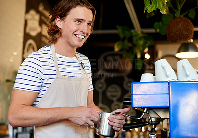 Buy stock photo Smile barista and man in coffee shop, machine and skills with friendly service, small business and order. Person, startup and employee in cafe, waiter and prepare drink with restaurant and milk foam