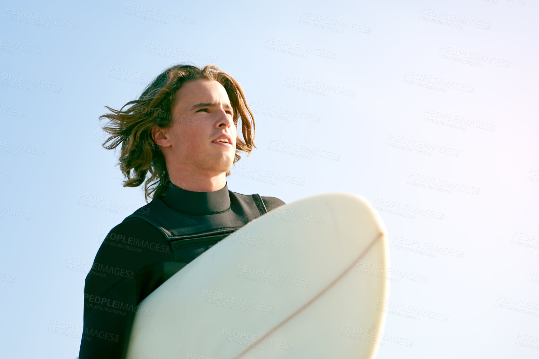 Buy stock photo Beach, surfboard and man with vacation, thinking and mockup space with tourism, break and view. Contemplation, outdoor and person with recreation, holiday and hobby with fitness and extreme sports