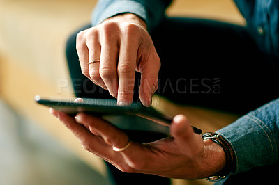 Buy stock photo Scroll, business and hands of man with tablet for internet, social networking and communication. Entrepreneur, startup and person on digital tech for online website, planning and connection in office