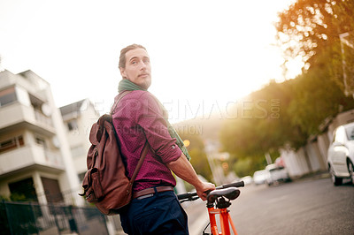 Buy stock photo Leaving, thinking or man with bicycle in urban town for eco friendly transport, job commute or sunrise. City travel, walk or designer in street with ride, fashion or bike for creative career on road
