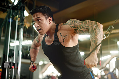 Buy stock photo Strong, man and cable machine with workout at gym for biceps growth, strength and muscle mass. Athlete, fitness and equipment at sports club for functional exercise, endurance challenge and wellness