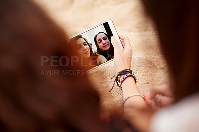 Buy stock photo Girl, friends and selfie with tablet screen outdoor, relax on beach for bonding and social media photo for memory. Photography, people and picture with coastal vacation or weekend together with tech