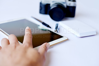Buy stock photo Camera, hands and photographer with tablet screen or notes for graphic design or editing. Closeup, person and designer with technology display or digital equipment for photography or online course