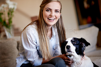 Buy stock photo Dog, portrait and woman on sofa in living room of home for animal adoption, bonding or trust. Happy, relax or scratching with foster pet and owner in apartment together for companionship or loyalty