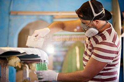 Buy stock photo Resin, mask and man with fiberglass, surfboard and creativity for skills, talent and hobby. Craftsman, artist and entrepreneur with workshop for design, manufacturing or custom work for artisan craft