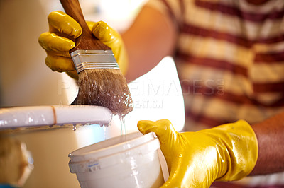 Buy stock photo Resin, gloves and brush with surfboard, fiberglass and creativity for skills, talent and hobby. Hands, person and entrepreneur with workshop for design, manufacturing or custom work for artisan craft