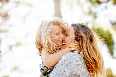 Buy stock photo Outdoor, hug and mom with child for love, relationship and connection together in summer. Happy family, mother and girl with smile for bonding, support and trust on weekend holiday in nature