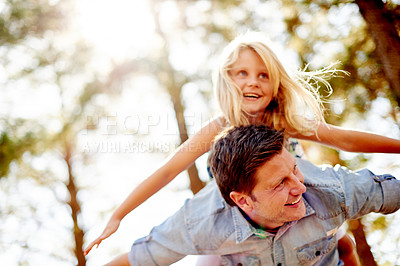 Buy stock photo Happy, father and kid with piggyback at park for flying together, creative imagination and trust. Low angle, dad and carry girl on back in nature for airplane game, freedom or relationship with space
