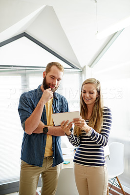 Buy stock photo Business people, office or team with tablet for planning, social media marketing or feedback. Tech, smile or collaboration in creative startup meeting for campaign discussion, review or solution