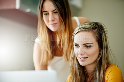 Buy stock photo Collaboration, laptop and planning with business women in office together for research or review. Computer, information and reading with happy employee team in workplace for administration or report