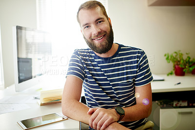 Buy stock photo Web designer, computer or portrait of happy man in office for software system or online update. Confident, developer or proud backend engineer with technology for IT research and company development