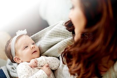 Buy stock photo Mother, relax and smile with baby in home for love, care or bonding together to nurture child development. Happy, woman or single parent with infant girl for growth, trust or comfort in family house