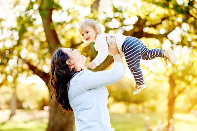 Buy stock photo Smile, mother and toddler playing in park for bonding, outdoor space and family time for happiness. Love, playful child and woman with daughter outside together, care and support for summer fun.