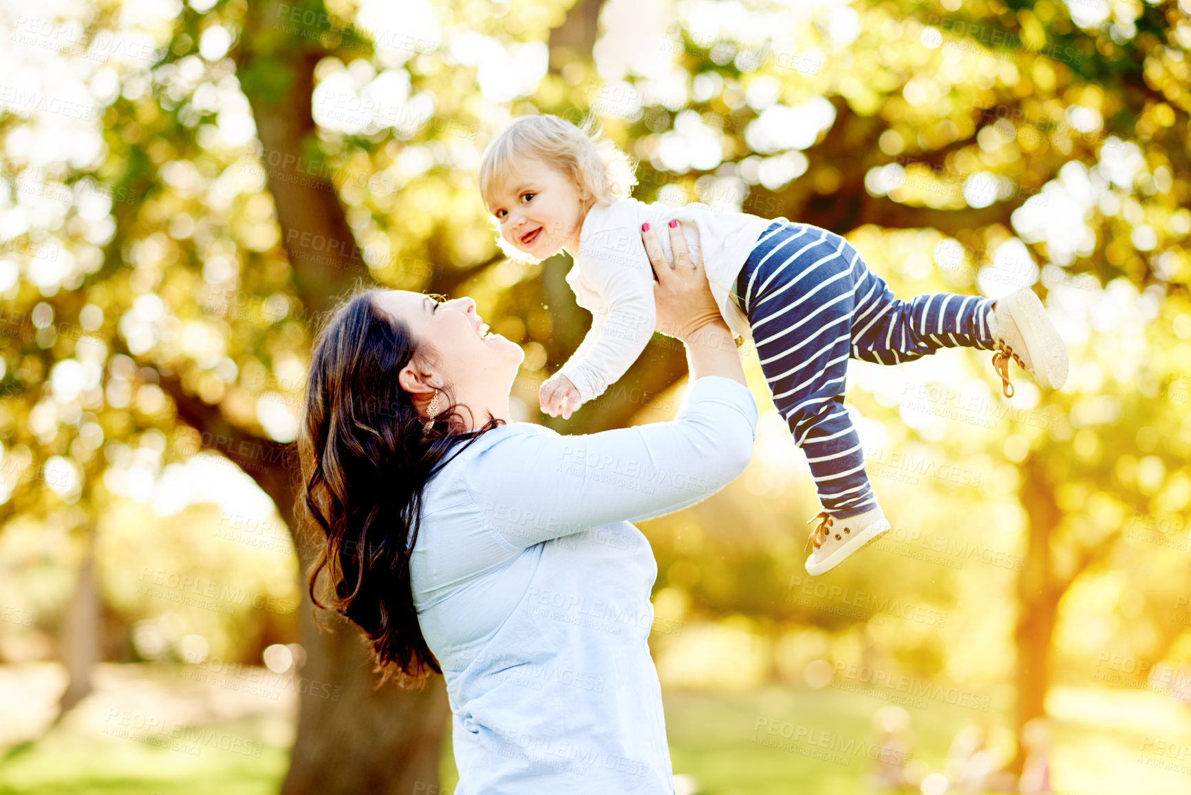 Buy stock photo Smile, mother and toddler playing in park for bonding, outdoor space and family time for happiness. Love, playful child and woman with daughter outside together, care and support for summer fun.